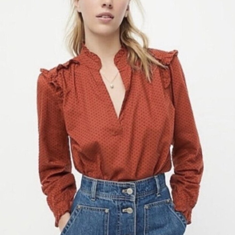 J.CREW ruffle trim v neck popover clip dot XS Burnt Orange Brown Fall Autumn